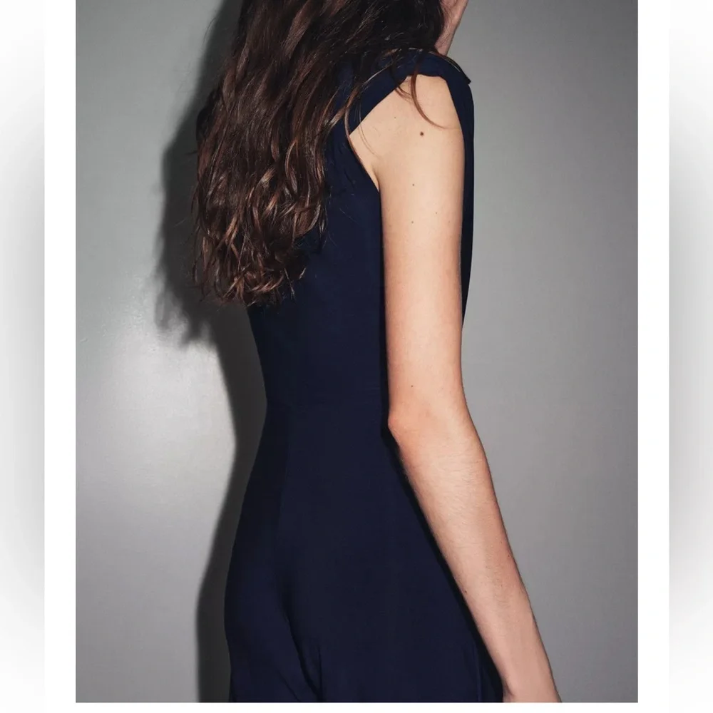 Zara NWT navy blue draped ruched v neck shoulder padded stretchy jumpsuit